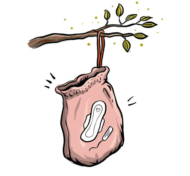 Illustrasjon av en mensenpose til å oppbevare bind og tamponger i på tur. Illustrasjon av en mensenpose til å oppbevare bind og tamponger i på tur.