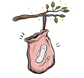 Illustrasjon av en mensenpose til å oppbevare bind og tamponger i på tur.