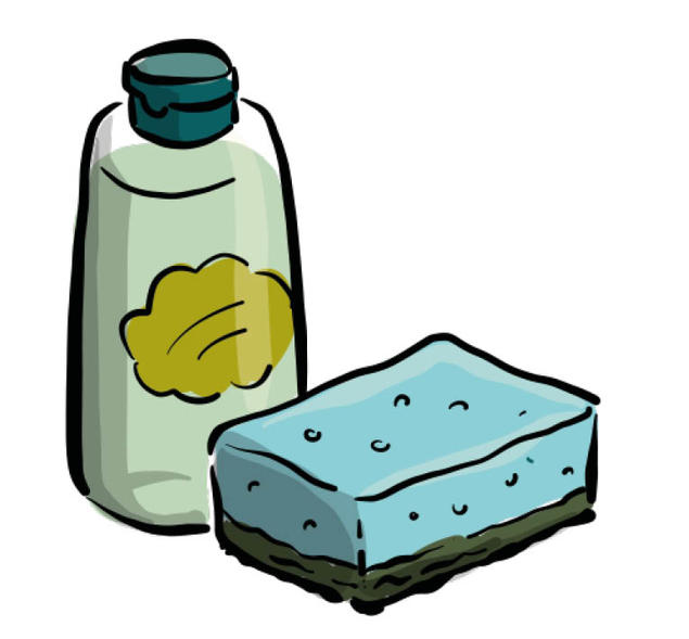 Illustrasjon av en såpebeholder og en vaskesvamp. Illustrasjon av en såpebeholder og en vaskesvamp.