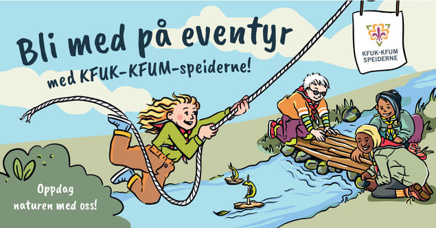 Vervekampanje toppbanner som viser speidere i et tre og tekst som ønsker deg velkommen til åpent møte