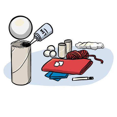 Illustrasjon av utstyr til å lage dorullnisser: dorullkjerne, isoporkule, bomull, filt, tusj, maling og røde ark.  Illustrasjon av utstyr til å lage dorullnisser: dorullkjerne, isoporkule, bomull, filt, tusj, maling og røde ark.