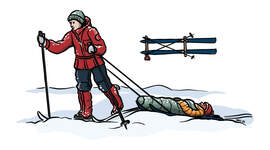 Illustrasjon av en person som drar en annen person på nødkjelke.