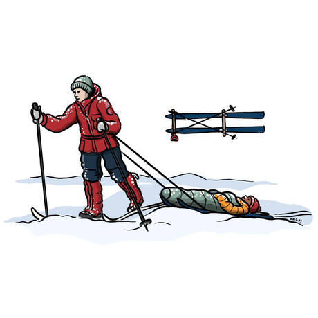 Fotograf: Helene Moe Slinning. Illustrasjon av en person som drar en annen person på nødkjelke, og nødkjelke.