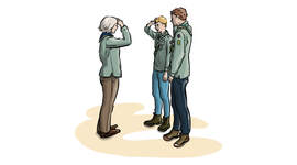 Illustrasjon av speidere og speiderleder som hilser hverandre med speiderhilsen.