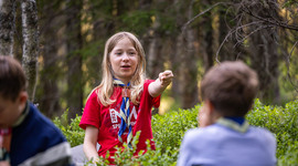 Speider på tur i skogen som sitter ute i lyngen